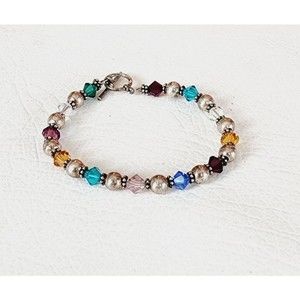 VTG STERLING SILVER MULTICOLORED CRYSTAL BEAD DAINTY TOGGLE CLASP BRACELET 7"